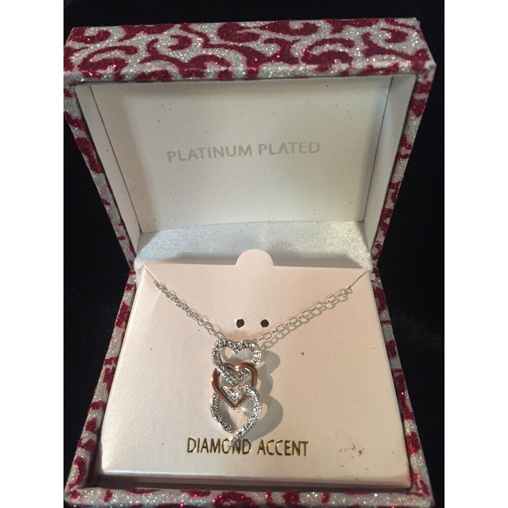 Three Heart Diamond Accent Necklace Platinum Plated Adjustable Chain 18 inch